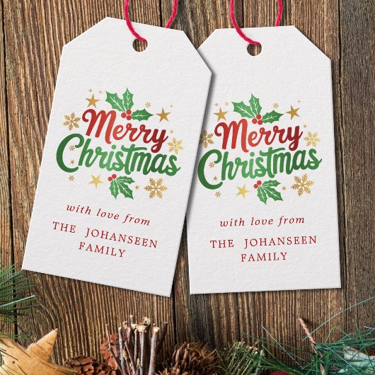 Vrolijke Kerstbessen Gouden Sterren Sneeuwvlokken  Cadeaulabel