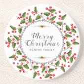 Vrolijke Kerstbessen Krans & Moderne Typografie Zandsteen Onderzetter (Voorkant)