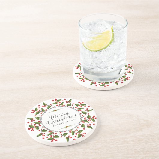 Vrolijke Kerstbessen Krans & Moderne Typografie Zandsteen Onderzetter (Zijkant)