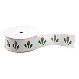 Vrolijke kerstbloem, rode rozen en groene hulst grosgrain lint