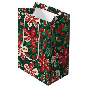 Vrolijke kerstbloemen en sterren medium cadeauzakje