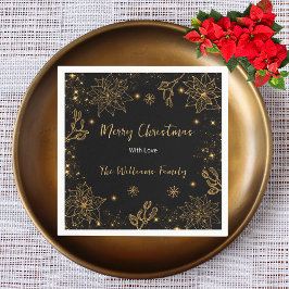 Vrolijke kerstbloemen en sterren | zwart goud servet