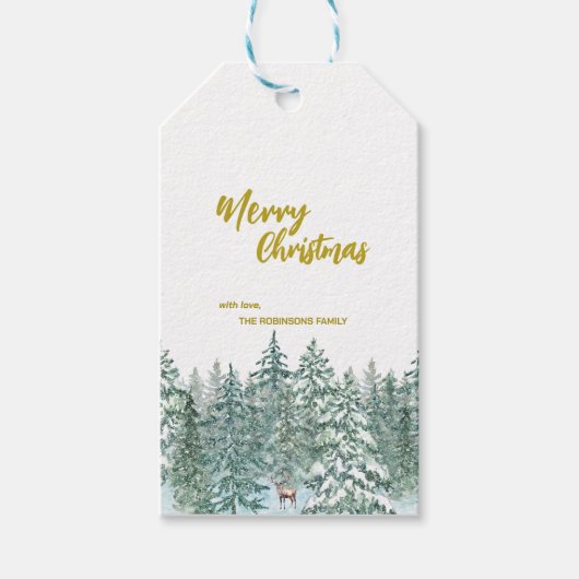 Vrolijke kerstbomen bos Modern Gold script Vakanti Cadeaulabel (Voorkant)