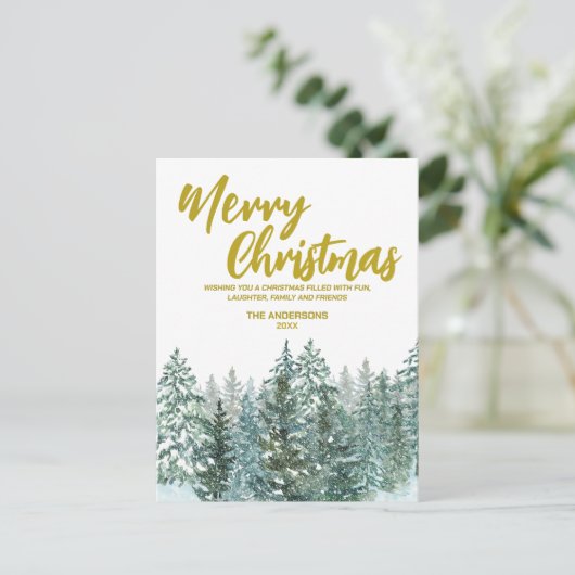 Vrolijke kerstbomen bos Modern Gold script Vakanti Feestdagenkaart (Staand voorkant)