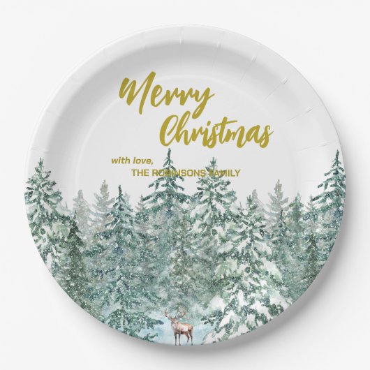 Vrolijke kerstbomen bos Modern Gold script Vakanti Papieren Bordje (Voorkant)