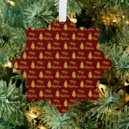Vrolijke Kerstbomen Diep Rood en Goud Script Ornament Kaart
