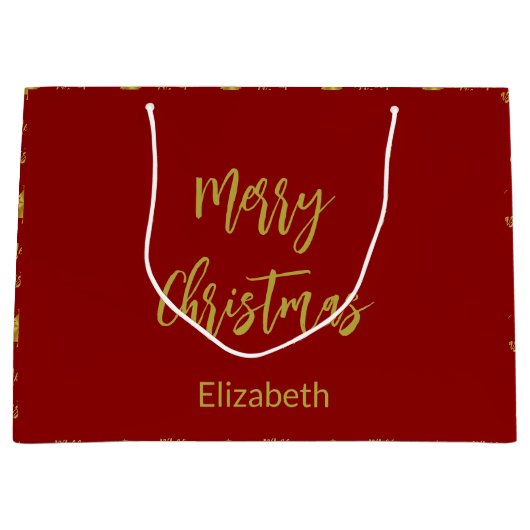 Vrolijke Kerstbomen Diep Rood en Gouden Naam Tekst Groot Cadeauzakje (Voorkant)