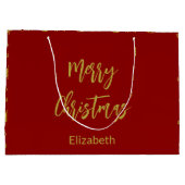 Vrolijke Kerstbomen Diep Rood en Gouden Naam Tekst Groot Cadeauzakje (Achterkant)