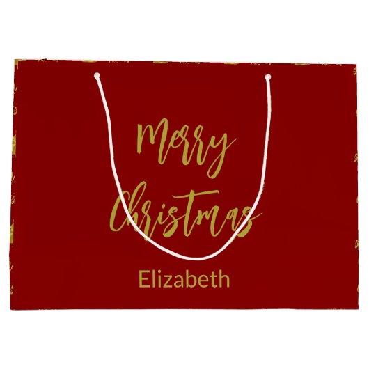 Vrolijke Kerstbomen Diep Rood en Gouden Naam Tekst Groot Cadeauzakje (Achterkant)