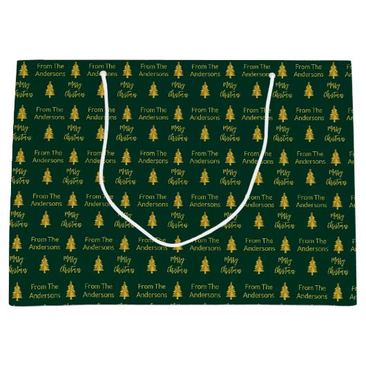 Vrolijke Kerstbomen Donkergroene en Gouden Tekst Groot Cadeauzakje (Voorkant)