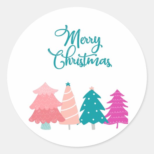 vrolijke kerstbomen en roze kerstbomen ronde sticker (Voorkant)
