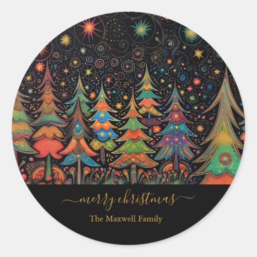 Vrolijke Kerstbomen kleurrijk Ronde Sticker (Voorkant)
