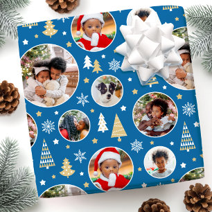 Vrolijke kerstbomen Sneeuwvlokken Foto Blauw Cadeaupapier
