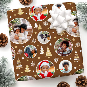 Vrolijke kerstbomen Sneeuwvlokken Foto Bruin Cadeaupapier