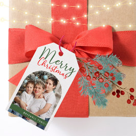 Vrolijke Kerstboog Foto Familie Modern Cadeaulabel