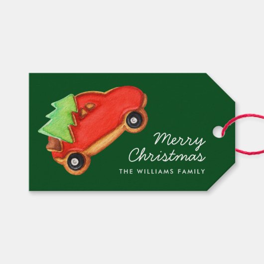 Vrolijke Kerstboom & Auto Suiker Cookie Cadeaulabel (Voorkant (Horizontaal))