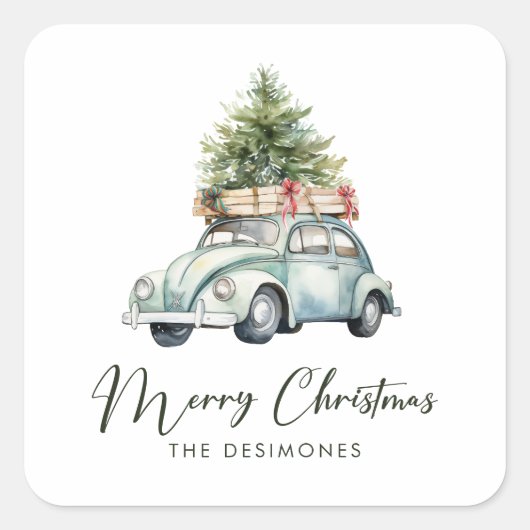 Vrolijke kerstboom Classic Car Holiday Vierkante Sticker (Voorkant)