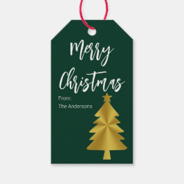 Vrolijke Kerstboom Donkergroen en Gouden Naam Cadeaulabel