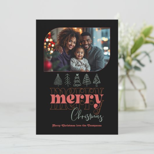 Vrolijke kerstboom Doodle Moderne vakantiefoto Feestdagenkaart (Staand voorkant)