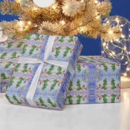 Vrolijke kerstboom en ijzige sneeuwman Waterverf Cadeaupapier