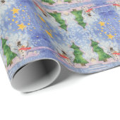 Vrolijke kerstboom en ijzige sneeuwman Waterverf Cadeaupapier (Rol Hoek)