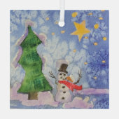 Vrolijke kerstboom en ijzige sneeuwman Waterverf Glas Ornament (Achterkant)