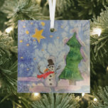 Vrolijke kerstboom en ijzige sneeuwman Waterverf Glas Ornament<br><div class="desc">Vierkant gevormde glazen kerstboomdecoratie hangend Ornament bedrukt met vrolijke kerstboom en ijzige sneeuwman Waterverf schilderij origineel artwork design en geselecteerde producten collectie van TheFabricSeal print on demand shop op Zazzle.com #ZazzleMade https://www.zazzle.com/store/thefabricseal TheFabricSeal©️Original. Deze vrolijk leuke design afbeelding print is een handgeschilderd waterverf schilderij is een grillige winterseizoen landschap scene met...</div>