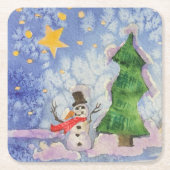 Vrolijke kerstboom en ijzige sneeuwman Waterverf Kartonnen Onderzetters (Voorkant)
