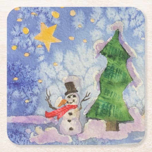 Vrolijke kerstboom en ijzige sneeuwman Waterverf Kartonnen Onderzetters (Voorkant)