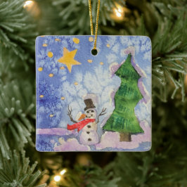 Vrolijke kerstboom en ijzige sneeuwman Waterverf Keramisch Ornament