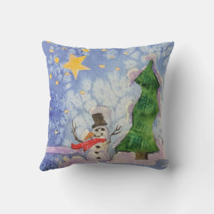 Vrolijke kerstboom en ijzige sneeuwman Waterverf Kussen