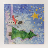 Vrolijke kerstboom en ijzige sneeuwman Waterverf Legpuzzel (Horizontaal)