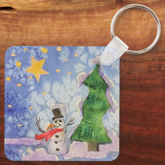 Vrolijke kerstboom en ijzige sneeuwman Waterverf Sleutelhanger (Achterkant)