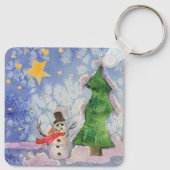 Vrolijke kerstboom en ijzige sneeuwman Waterverf Sleutelhanger (Achterkant)