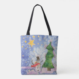 Vrolijke kerstboom en ijzige sneeuwman Waterverf Tote Bag