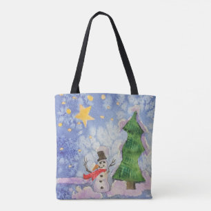 Vrolijke kerstboom en ijzige sneeuwman Waterverf Tote Bag