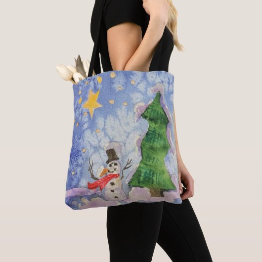 Vrolijke kerstboom en ijzige sneeuwman Waterverf Tote Bag (Dichtbij)
