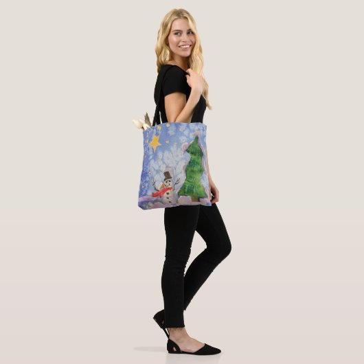 Vrolijke kerstboom en ijzige sneeuwman Waterverf Tote Bag (Op model)