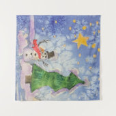 Vrolijke kerstboom en ijzige sneeuwman Waterverf Wandkleed (Voorkant (horizontaal))