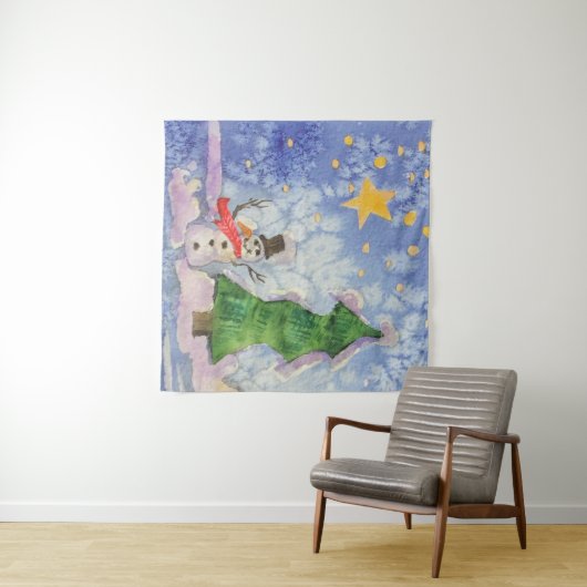 Vrolijke kerstboom en ijzige sneeuwman Waterverf Wandkleed (In Situ (horizontaal))