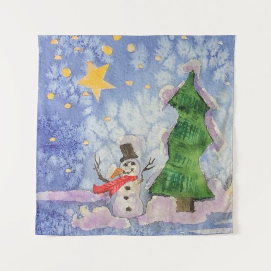 Vrolijke kerstboom en ijzige sneeuwman Waterverf Wandkleed (Voorkant)