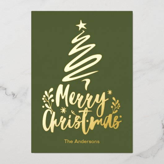 Vrolijke Kerstboom Gouden Folie Kerstmis Kaart (Voorkant)