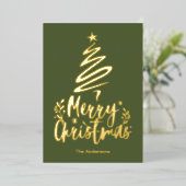 Vrolijke Kerstboom Gouden Folie Kerstmis Kaart (Staand Voorkant)