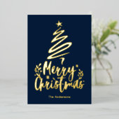 Vrolijke Kerstboom Gouden Folie Kerstmis Kaart (Staand Voorkant)