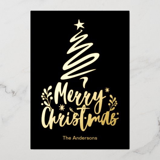 Vrolijke Kerstboom Gouden Folie Kerstmis Kaart (Voorkant)