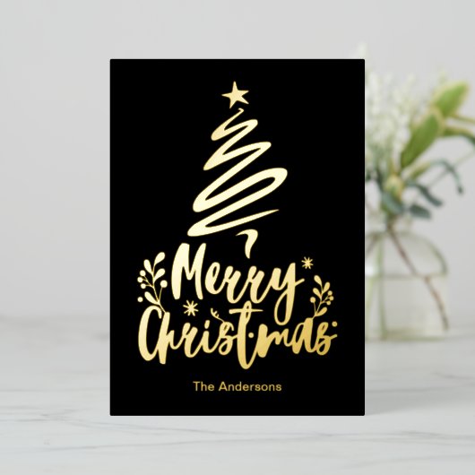 Vrolijke Kerstboom Gouden Folie Kerstmis Kaart (Staand Voorkant)