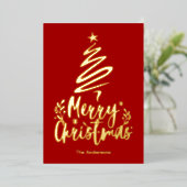 Vrolijke Kerstboom Gouden Folie Kerstmis Kaart (Staand Voorkant)