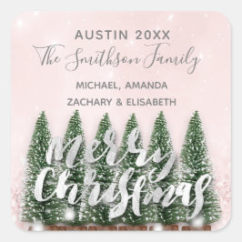 Vrolijke Kerstboom Gouden Roze Winter Lichten Snee Vierkante Sticker