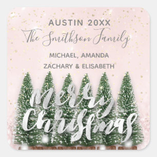 Vrolijke Kerstboom Gouden Roze Winter Lichten Snee Vierkante Sticker