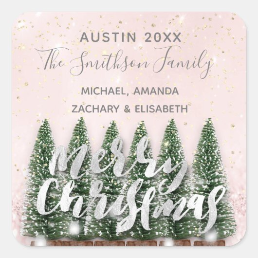 Vrolijke Kerstboom Gouden Roze Winter Lichten Snee Vierkante Sticker (Voorkant)